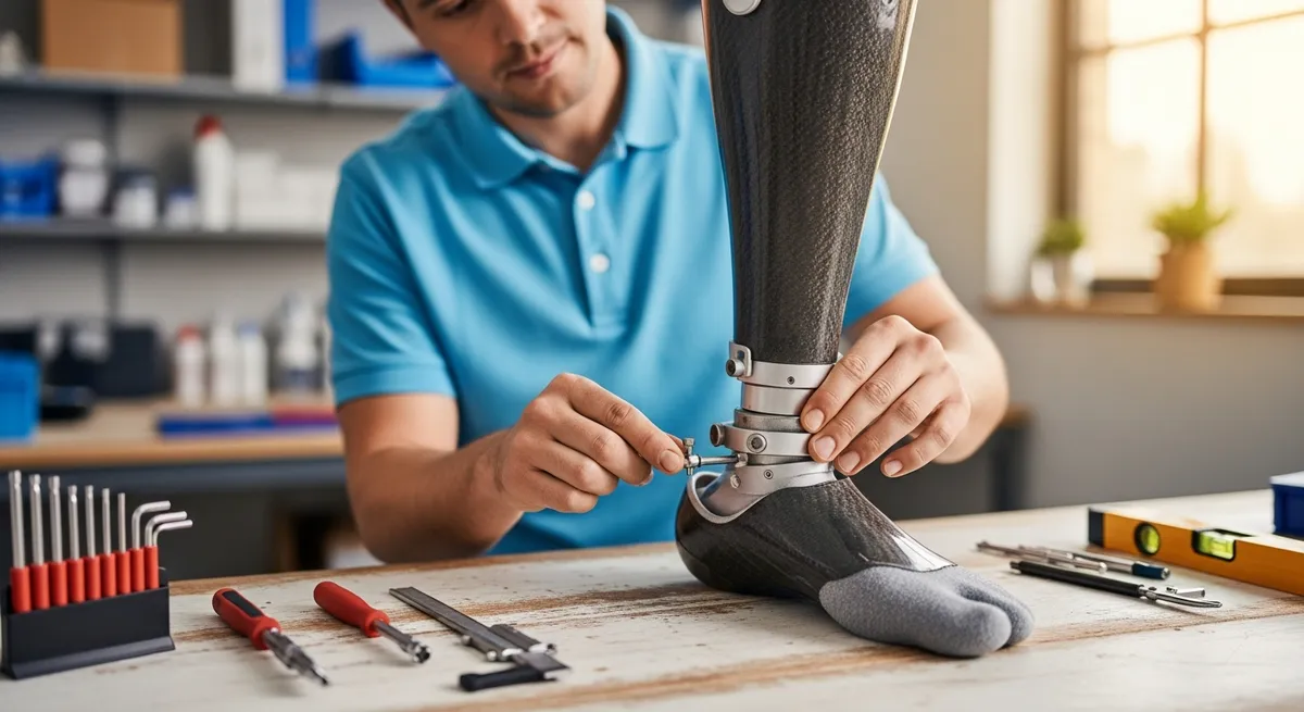Prosthetist adjusting a prosthetic leg — clinical education from Össur, Ottobock, and Blatchford